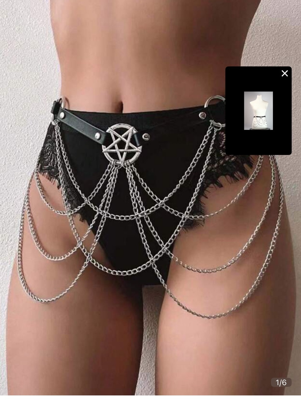 Silver Pentagram Chain Belt Over Black Lace High-Waist Bottoms.